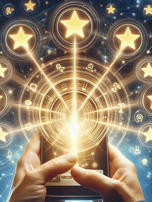 online review management service Hands holding a smartphone with glowing digital stars emerging, symbolizing review management and reputation repair for small business growth.