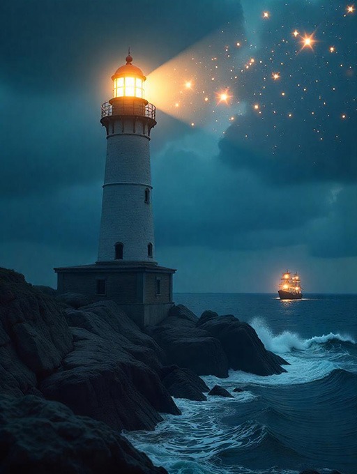 review management lighthouse A lighthouse standing tall on a rocky coast at night, casting a wide, radiant beam across stormy waters.