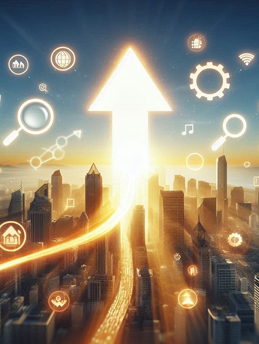 search engine optimization City skyline at sunset with a prominent upward arrow symbolizing business growth, surrounded by digital icons representing SEO and local services.