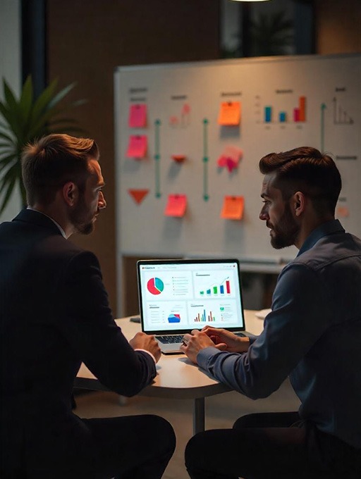 1 on 1 strategy session Two business professionals discussing charts on a laptop in a conference room setup, enhanced by a whiteboard with graphs and sticky notes. Ideal for small business SEO and marketing growth strategies through a referral partner program.