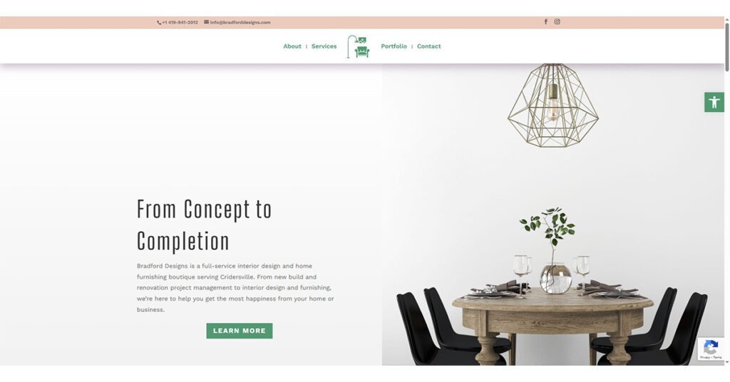 Homepage of Bradford Designs with a modern interior setting, highlighting 'From Concept to Completion' tagline. Features a stylish round wooden table set with glassware and a decorative vase under a geometric pendant light, representing interior design services.