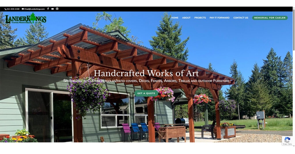 Custom woodworking website featuring an outdoor pergola with hanging flower baskets, showcasing handcrafted wood art inc