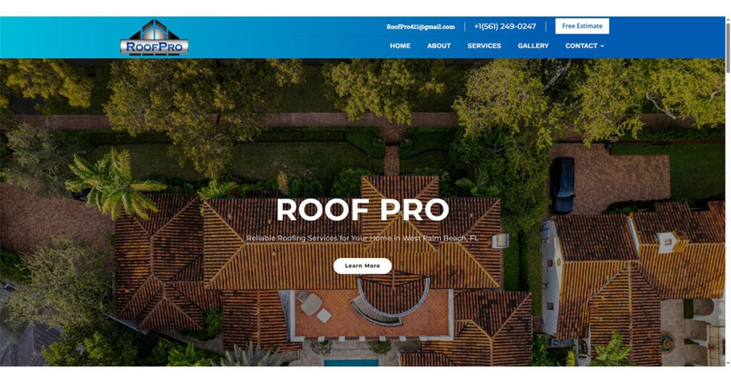 Aerial view of a house with a red-tiled roof surrounded by lush greenery, featuring the RoofPro logo and contact details for roofing services in West Palm Beach. Navigation options for home, about, services, gallery, and contact, with a 'Learn More' butt