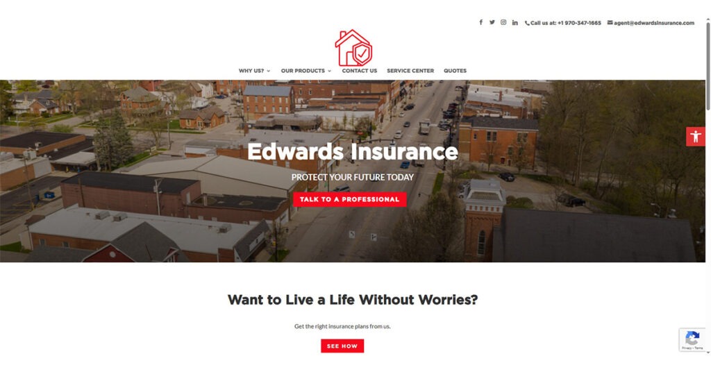 Aerial view of a small town showcasing buildings and greenery, overlaid with text promoting Edwards Insurance, emphasizing protection for the future. Features a 'Talk to a Professional' button and navigation options for insurance services.