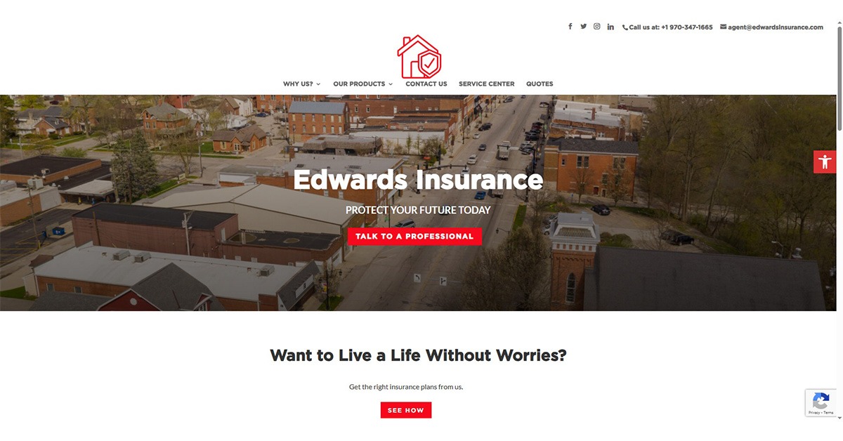 edwards insurance Aerial view of a small town showcasing buildings and greenery, overlaid with text promoting Edwards Insurance, emphasizing protection for the future. Features a 'Talk to a Professional' button and navigation options for insurance services.