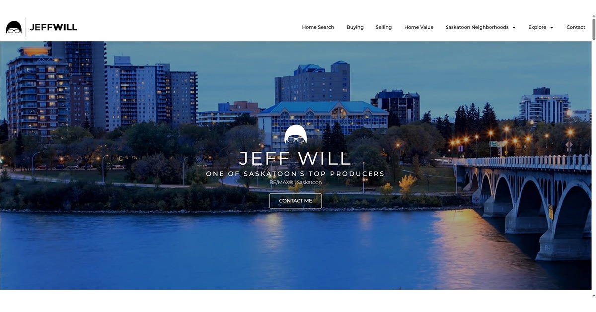 jeffwill featured Saskatoon city skyline at dusk with river and bridge, featuring Jeff Will website header emphasizing real estate services.