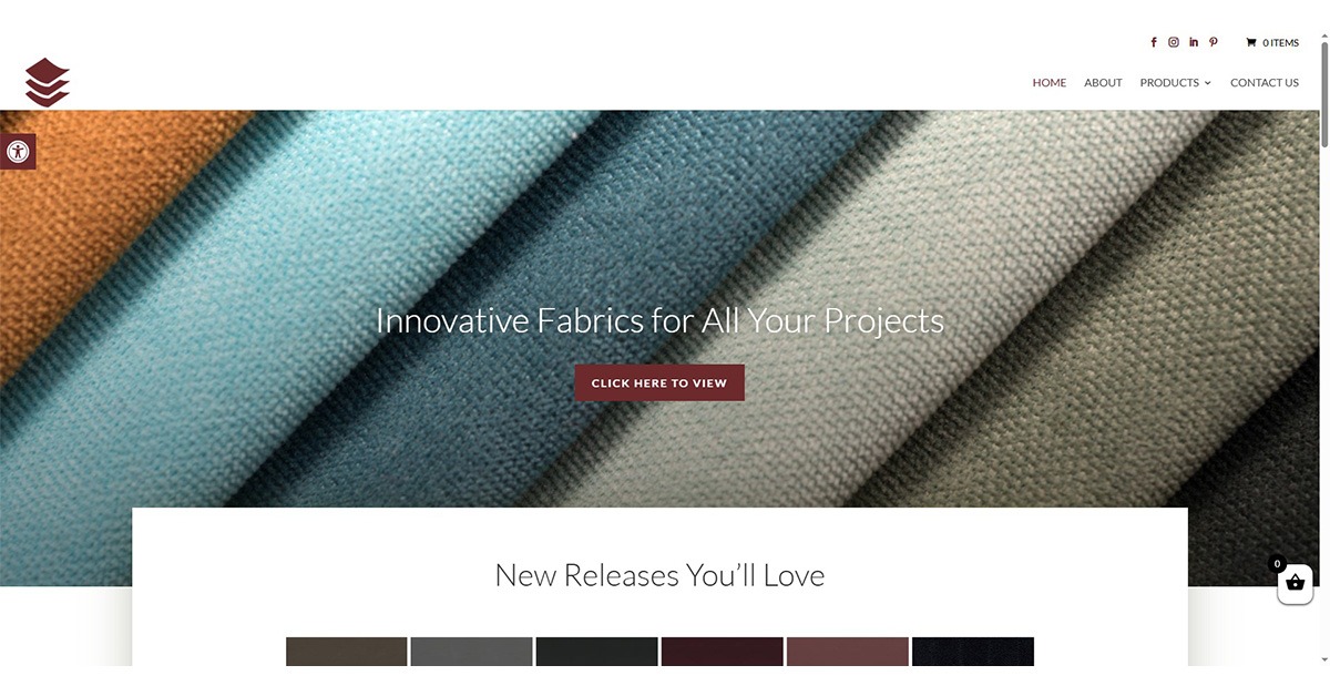 julies fabrics Website design of interior fabric supplier showcasing a range of colorful and innovative fabrics for creative business growth. Features a prominent banner with an assort