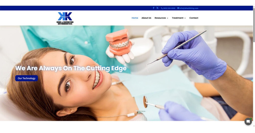 A modern orthodontic care website homepage featuring a smiling patient with braces at a dental clinic. A gloved orthodontist holds tools, indicating advanced treatments. The header displays 'We Are Always On The C
