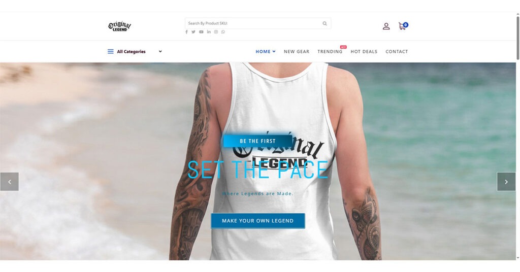 Tattooed individual wearing a white sleeveless tank top with 'Original Legend' text, standing near a beach; promotional imagery for streetwear collection emphasizing self-expression.