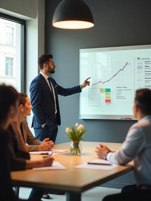 strategic business leader Business professional presenting a growth chart on a whiteboard during a meeting, illustrating strategies for business growth and marketing funnels. The team is seated around a table, attentiv