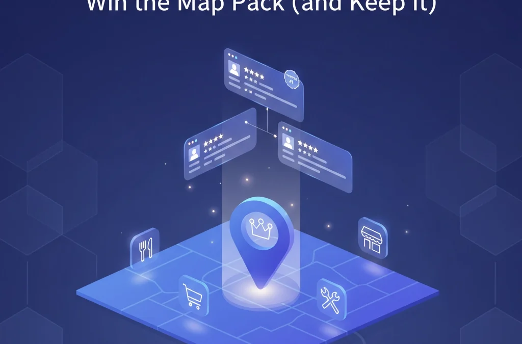 Illustration depicting local SEO strategies in Stafford, VA with digital map showing a prominent location pin and icons representing various businesses like restaurants and shops under the concept of winning the map pack.